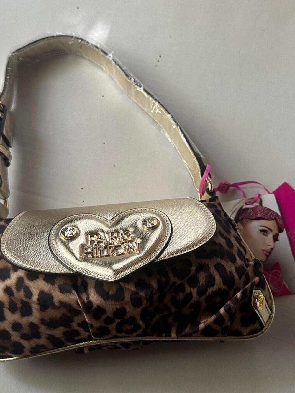 Paris Hilton New With Tags Leopard Print Gold Heart Baguette Shoulder Bag - Picture 5 of 15